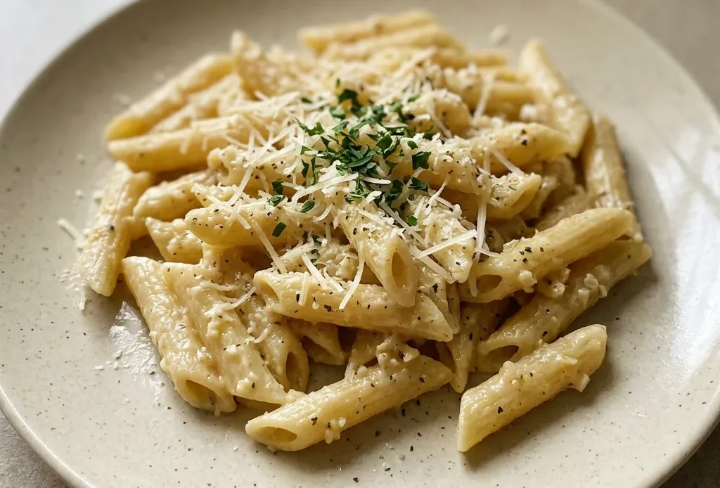 Overhead shot of creamy garlic pasta with visible garlic cloves and Parmesan shreds in a white dish.