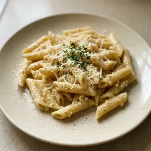 Overhead shot of creamy garlic pasta with visible garlic cloves and Parmesan shreds in a white dish.