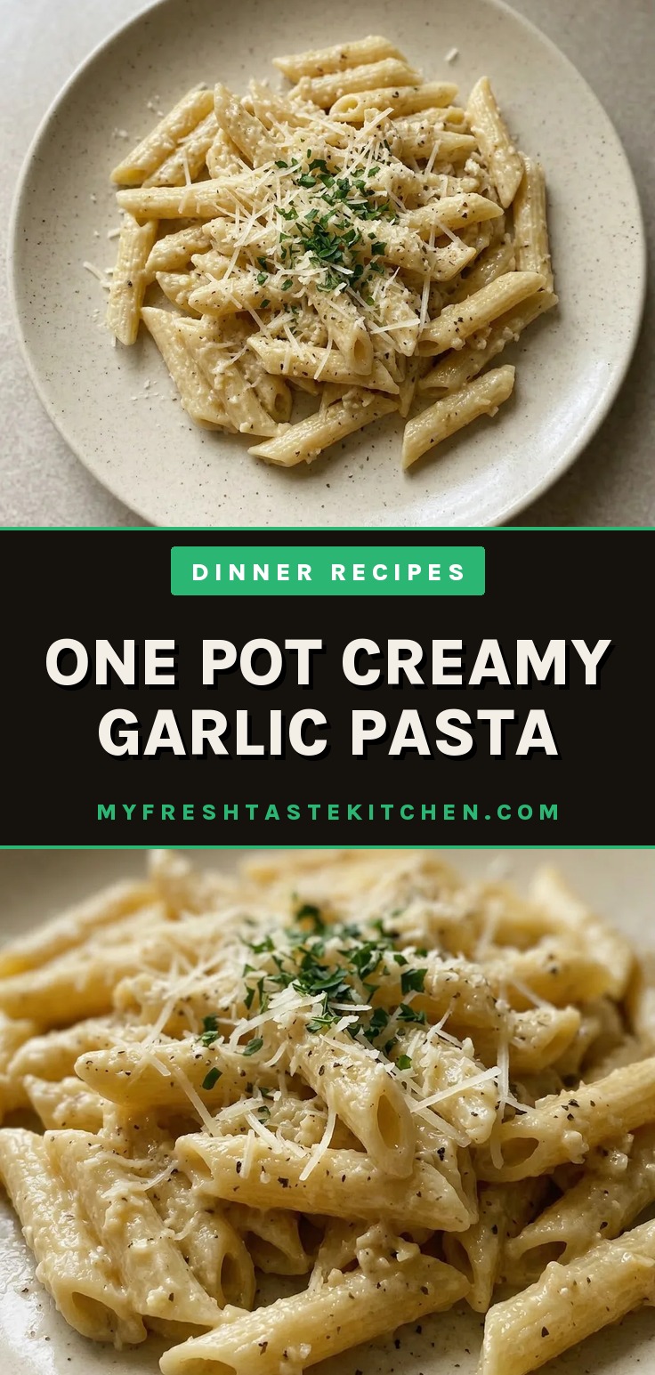 Overhead shot of creamy garlic pasta with visible garlic cloves and Parmesan shreds in a white dish.