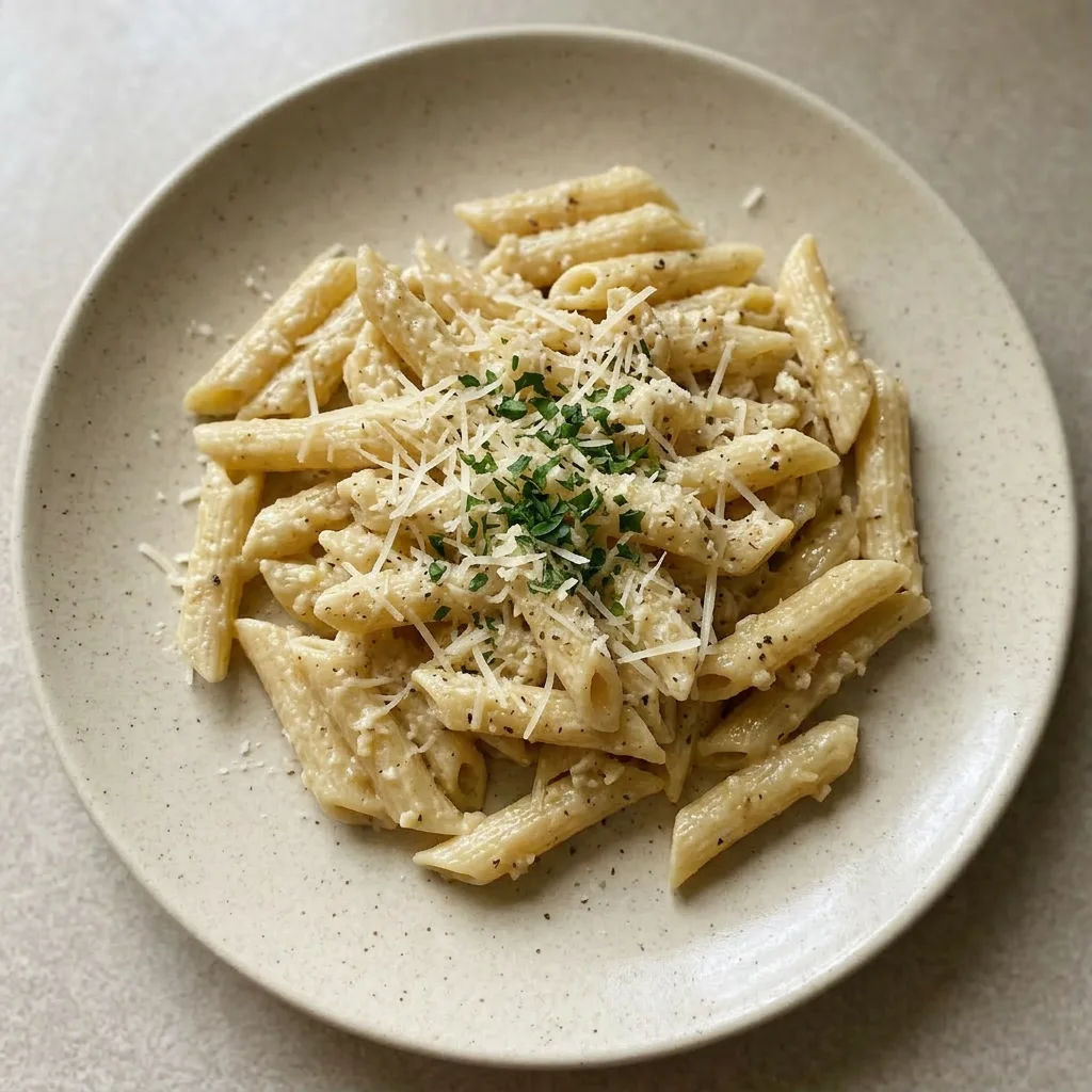 Plated creamy garlic pasta topped with grated Parmesan and garlic, served in a shallow bowl.