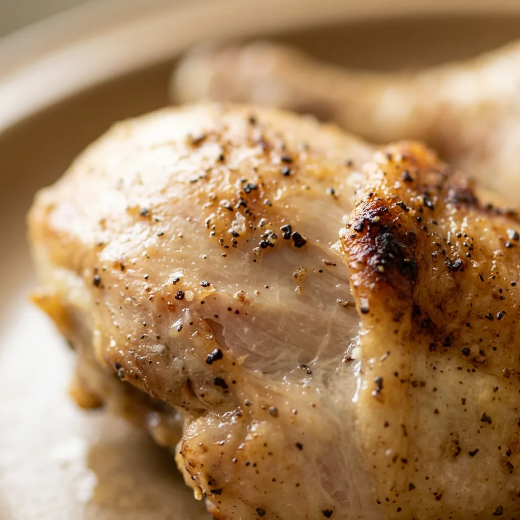 Zoomed in on a single drumstick with crispy, browned skin sprinkled with black pepper and onion powder.