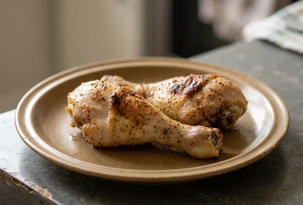 Bird's-eye view of four baked chicken drumsticks arranged in a cross pattern, seasoned with smoked paprika and garlic powder.