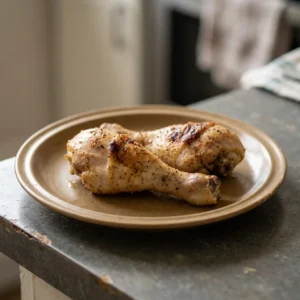 Bird's-eye view of four baked chicken drumsticks arranged in a cross pattern, seasoned with smoked paprika and garlic powder.