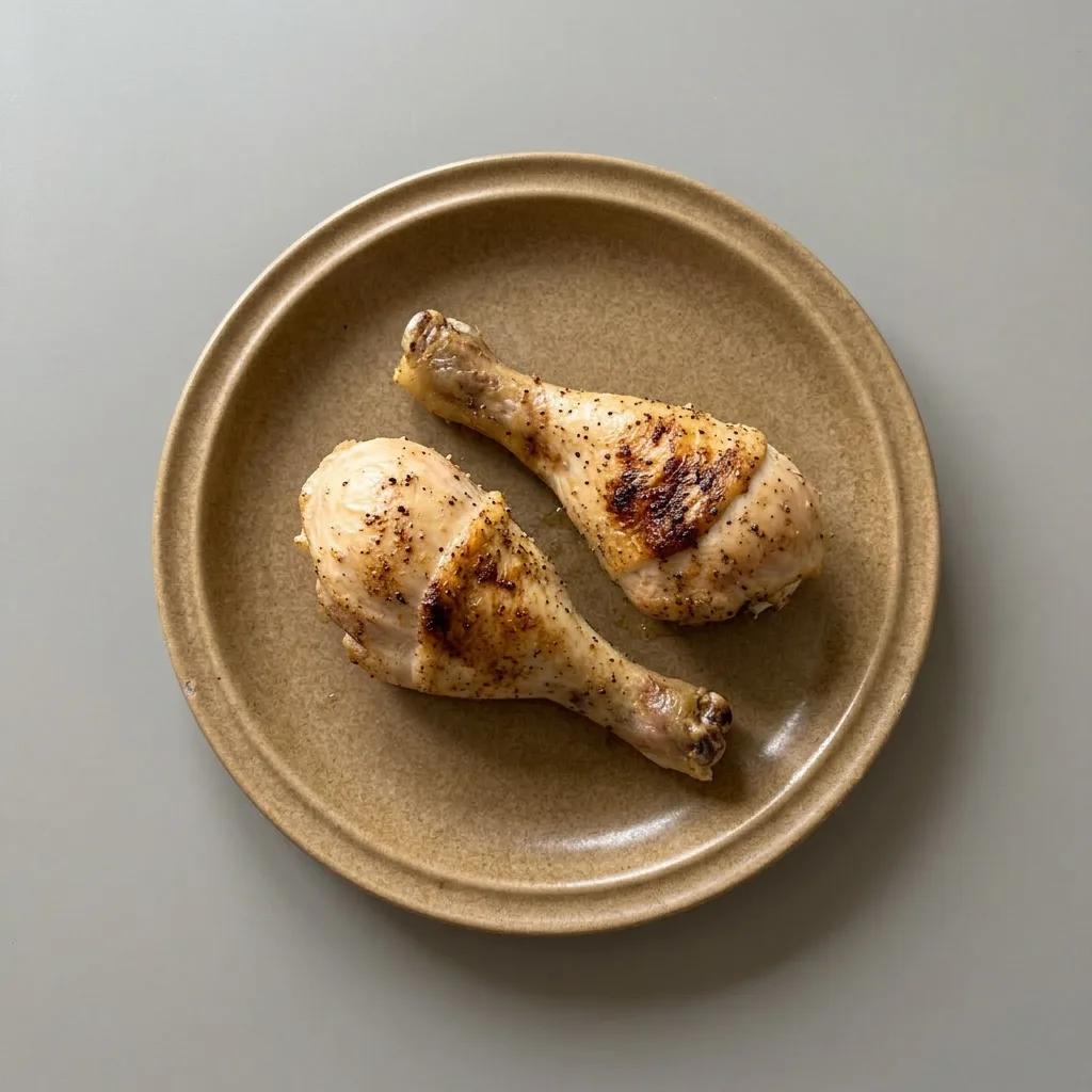 Ready to serve: three chicken drumsticks on a platter, glistening with olive oil and coated in smoked paprika.