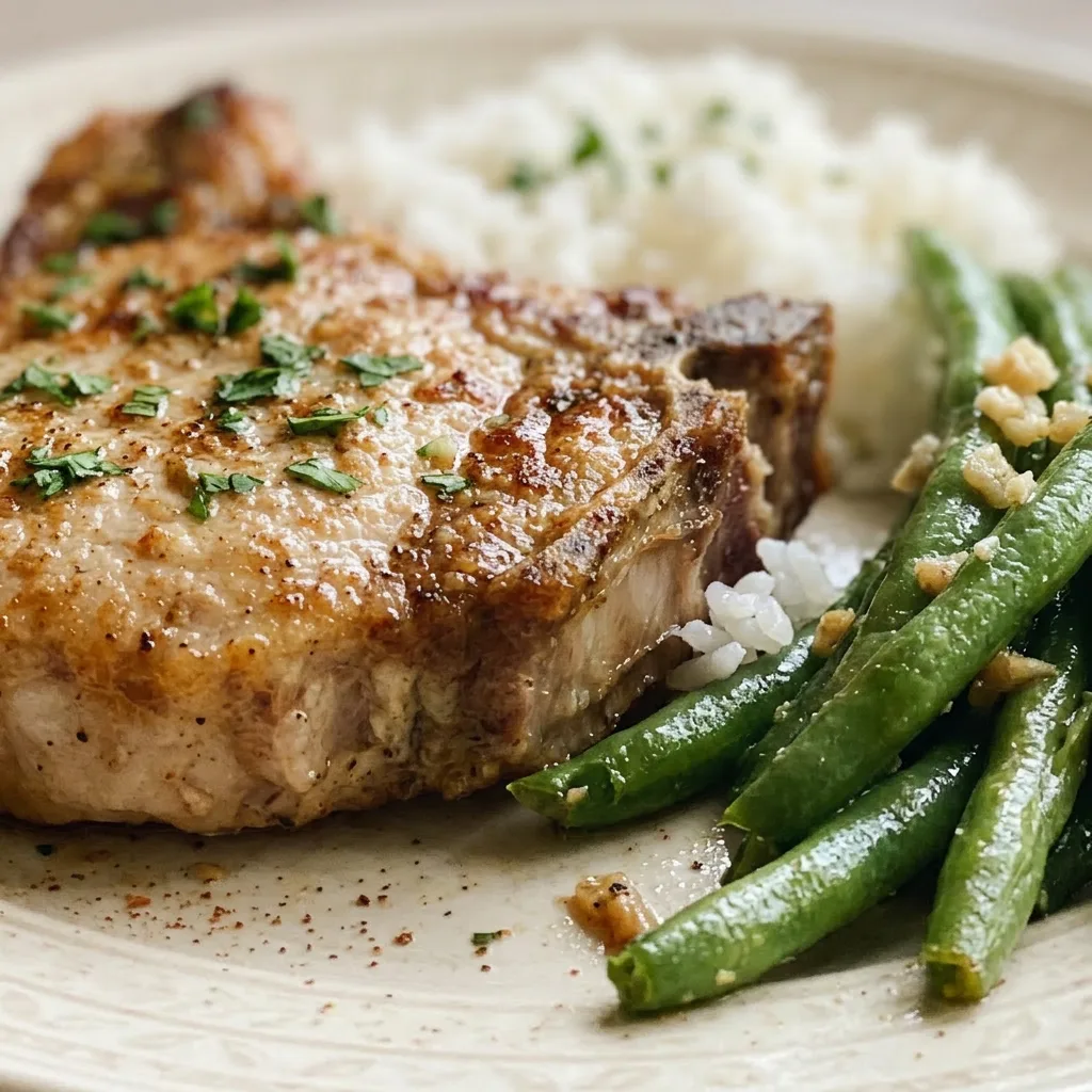 Macro detail of a single pork chop with a caramelized brown sugar and smoked paprika crust, garlic pieces visible.