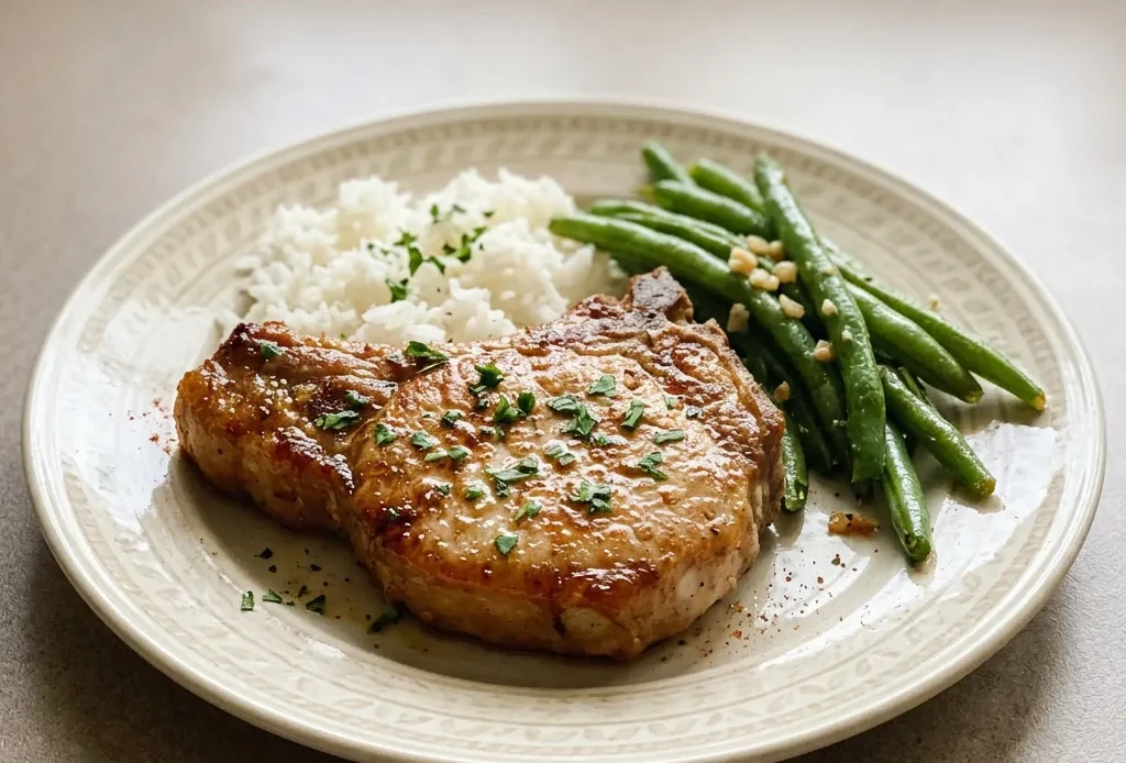 Top-down look at two boneless pork chops seasoned with brown sugar, smoked paprika, and garlic, drizzled with olive oil.
