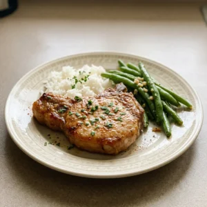 Top-down look at two boneless pork chops seasoned with brown sugar, smoked paprika, and garlic, drizzled with olive oil.