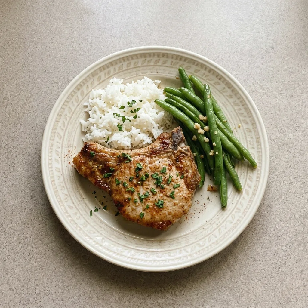 A serving of boneless pork chops topped with brown sugar, smoked paprika, and garlic, finished with olive oil.