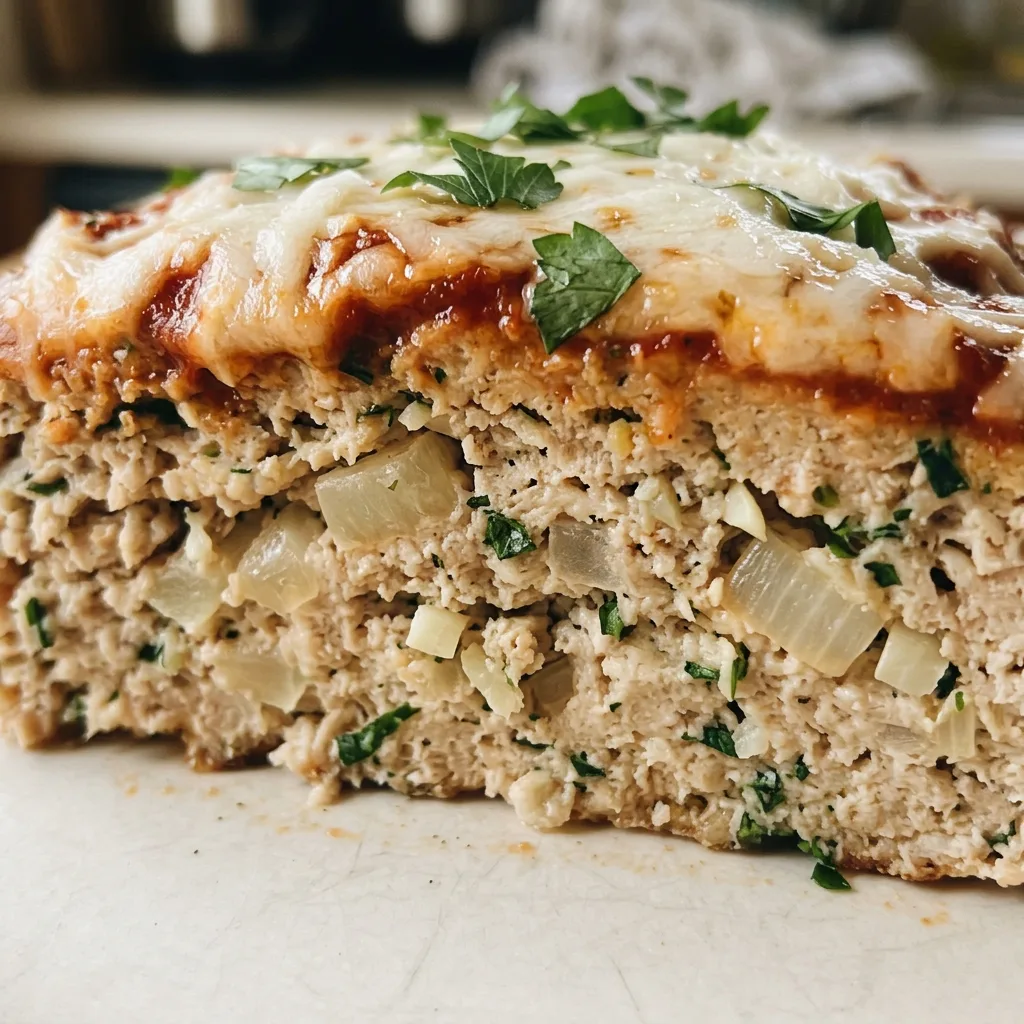 Zoomed in on a slice of Parmesan chicken meatloaf revealing ground chicken, herbs, and melted cheese, with marinara sauce on top.