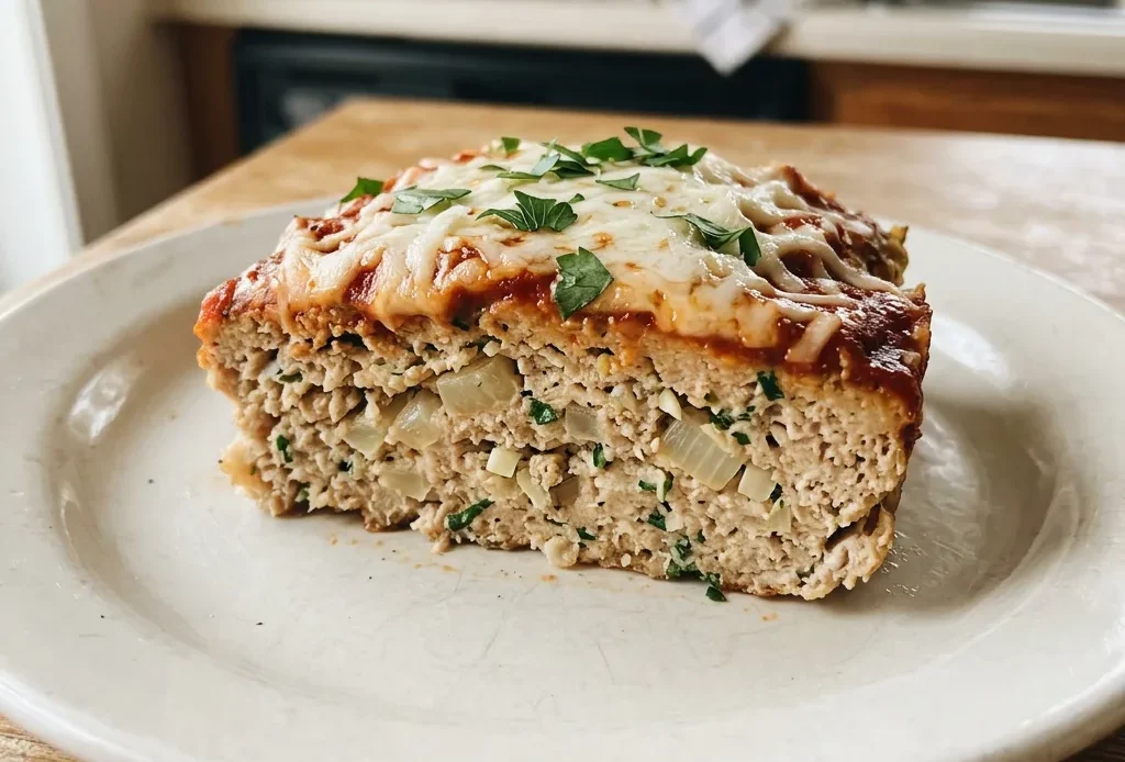 Bird's-eye view of a round Parmesan chicken meatloaf topped with melted mozzarella and marinara sauce, garnished with parsley.