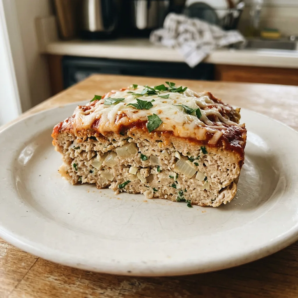 Bird's-eye view of a round Parmesan chicken meatloaf topped with melted mozzarella and marinara sauce, garnished with parsley.