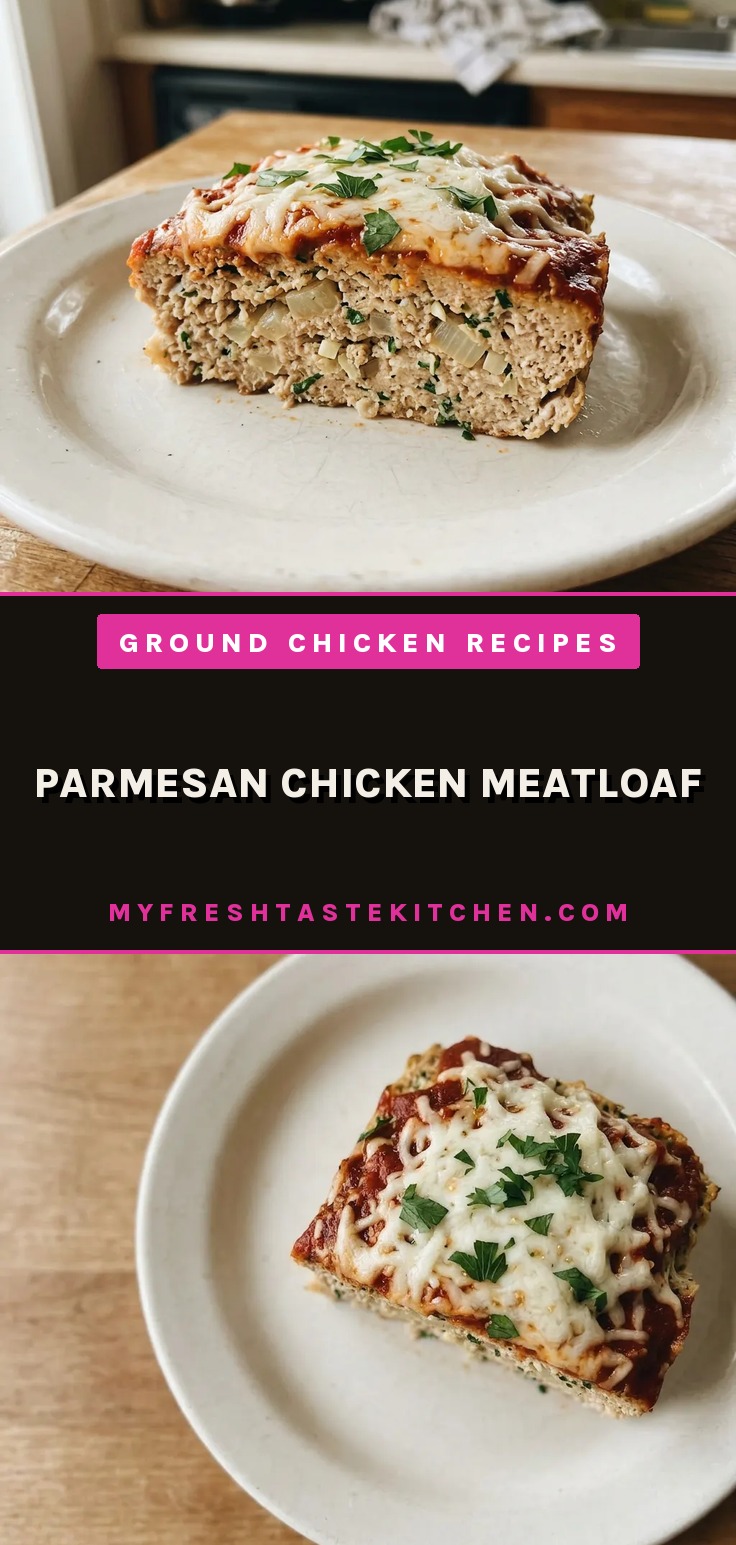Bird's-eye view of a round Parmesan chicken meatloaf topped with melted mozzarella and marinara sauce, garnished with parsley.