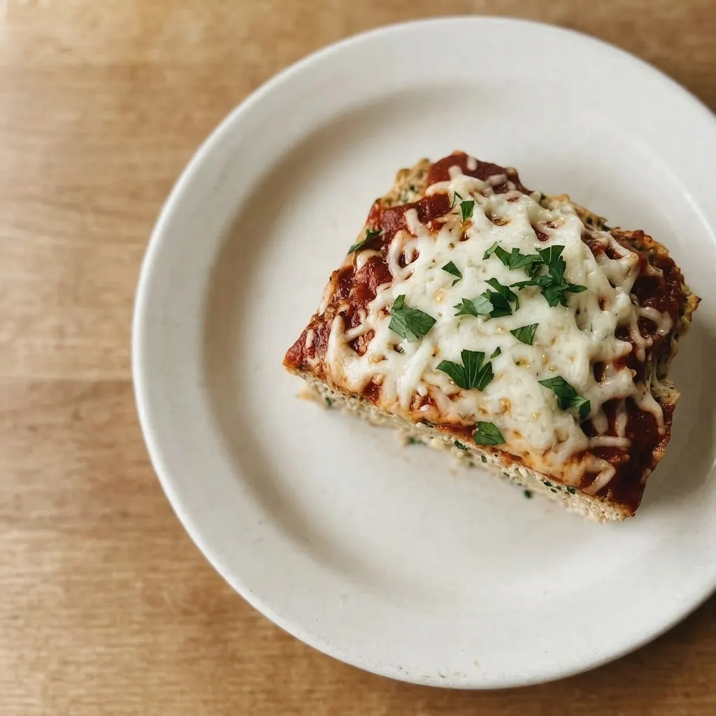 Ready to serve: a whole Parmesan chicken meatloaf on a platter, topped with marinara and mozzarella, sprinkled with parsley.