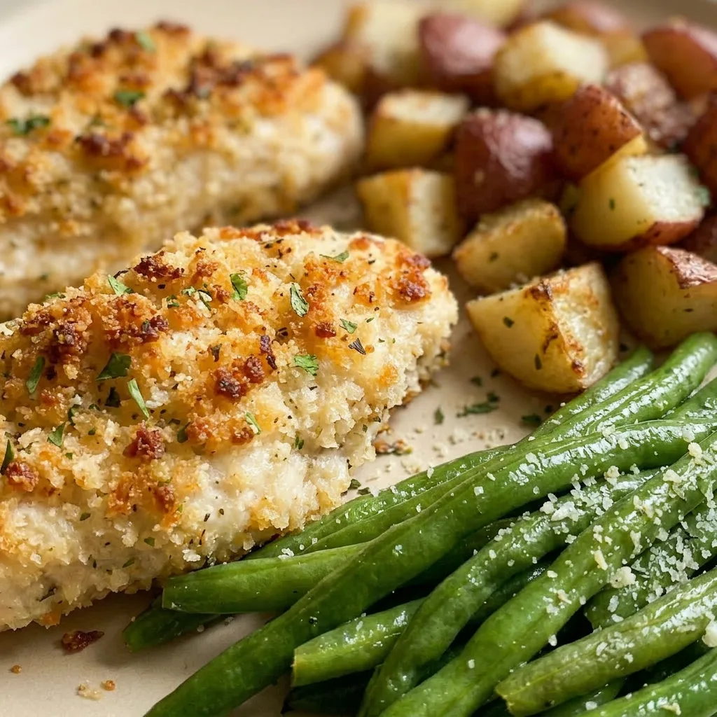 Zoomed in on a crispy parmesan crust covering a chicken breast, with a side of red potatoes and green beans.