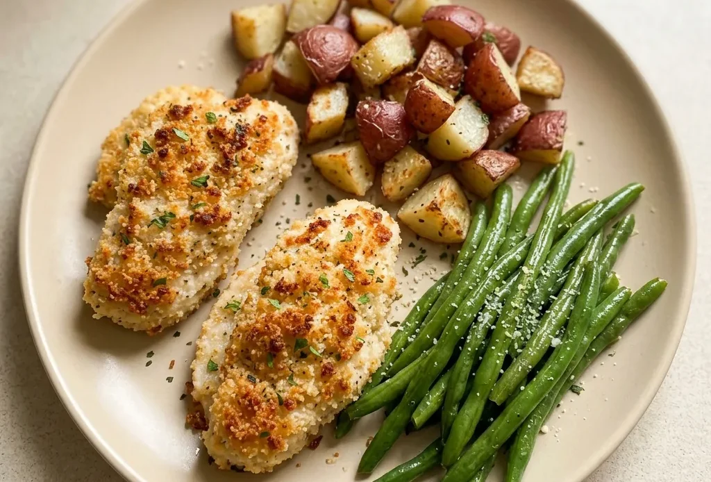 Bird's-eye view of a chicken breast with golden parmesan crust, surrounded by red potato wedges and green beans.