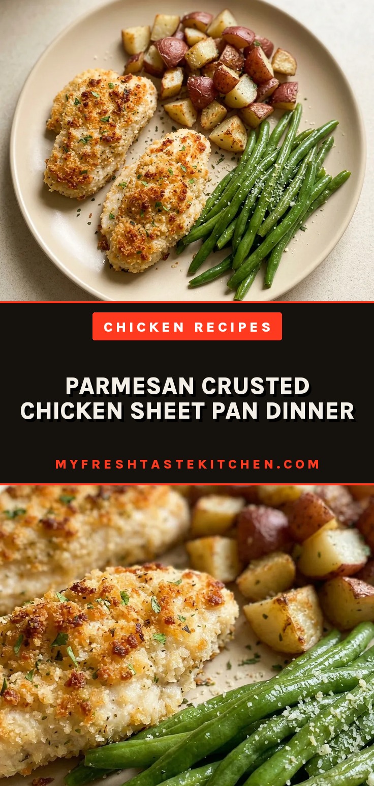 Bird's-eye view of a chicken breast with golden parmesan crust, surrounded by red potato wedges and green beans.