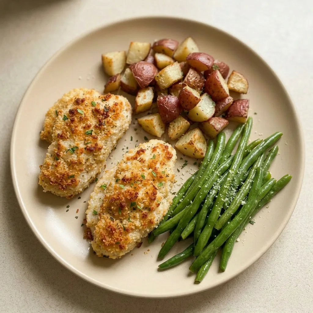 Ready to serve: a parmesan-crusted chicken breast alongside roasted red potatoes and green beans.