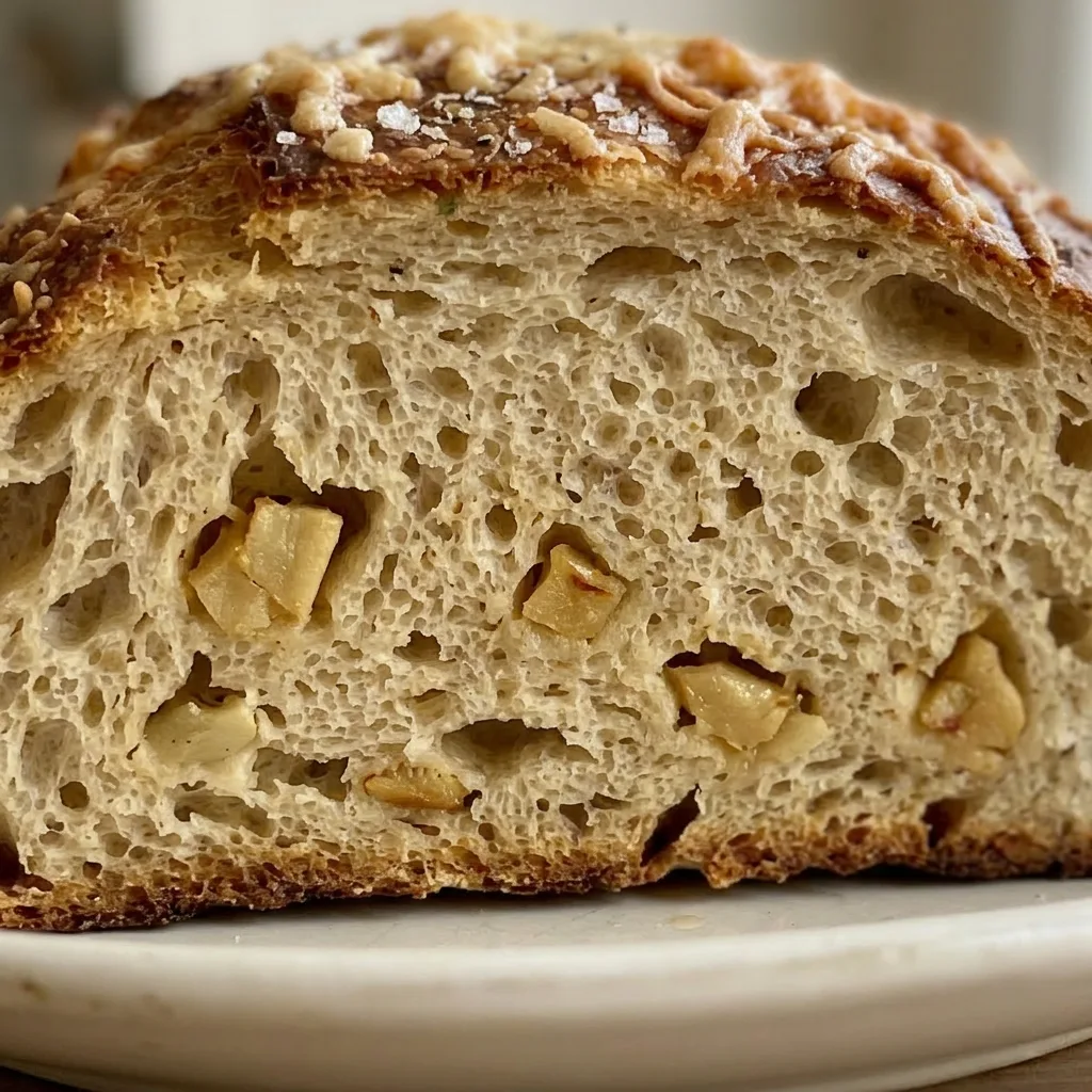 Zoomed in on a slice of artisan bread with a golden crust, visible roasted garlic pieces, and melted Parmesan.