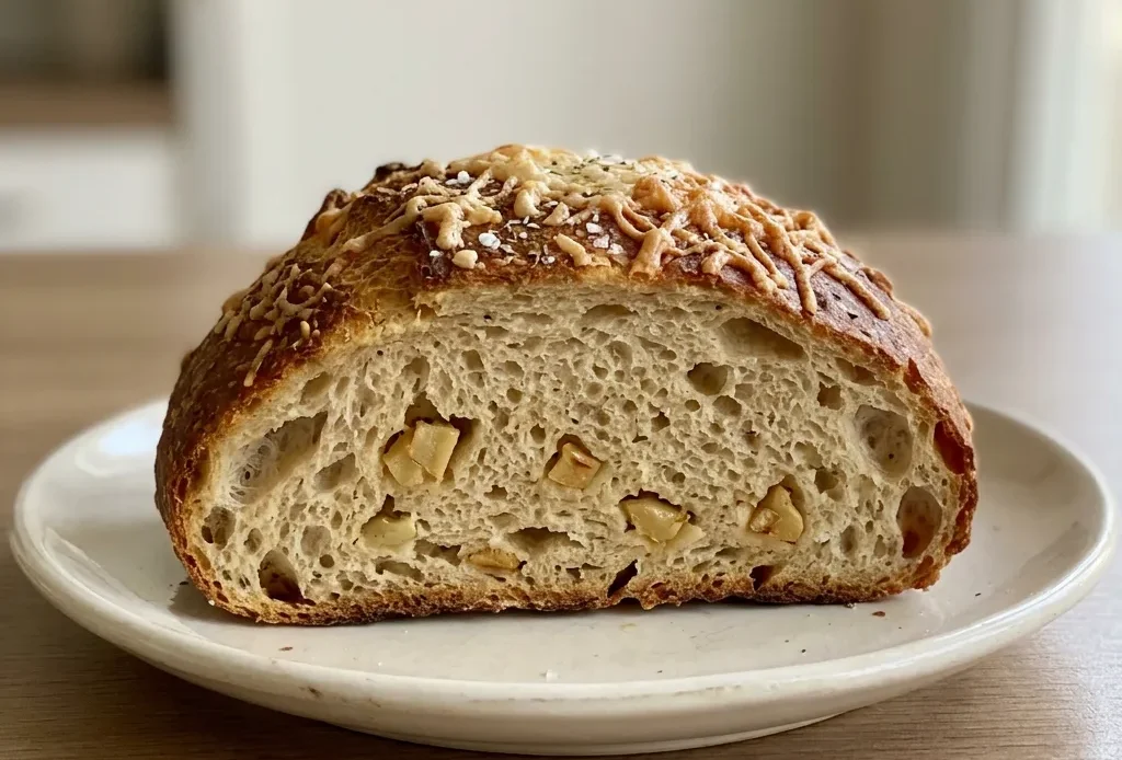 Bird's-eye view of a round artisan loaf topped with melted Parmesan cheese and roasted garlic cloves.