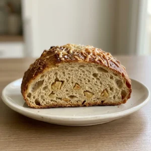 Bird's-eye view of a round artisan loaf topped with melted Parmesan cheese and roasted garlic cloves.