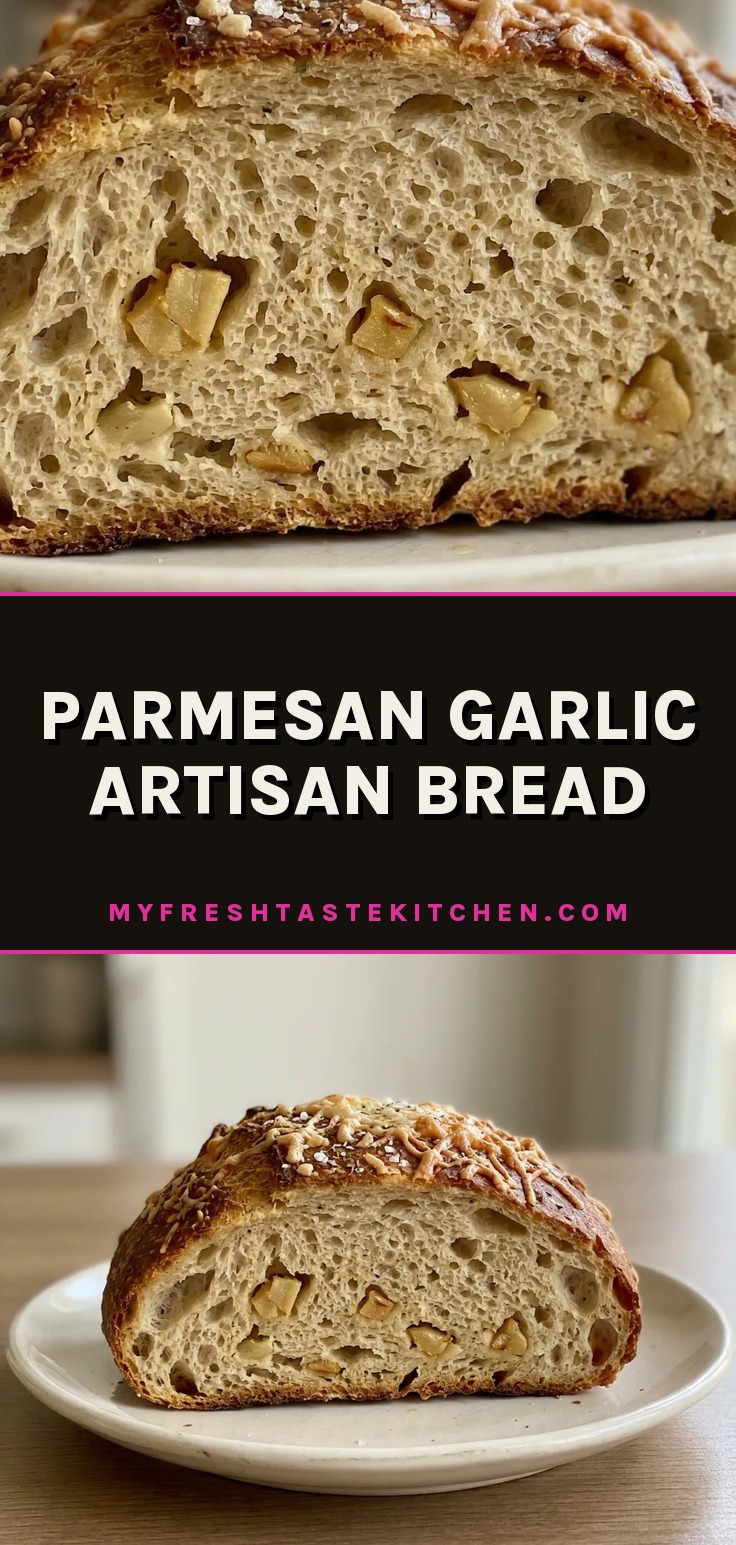 Bird's-eye view of a round artisan loaf topped with melted Parmesan cheese and roasted garlic cloves.