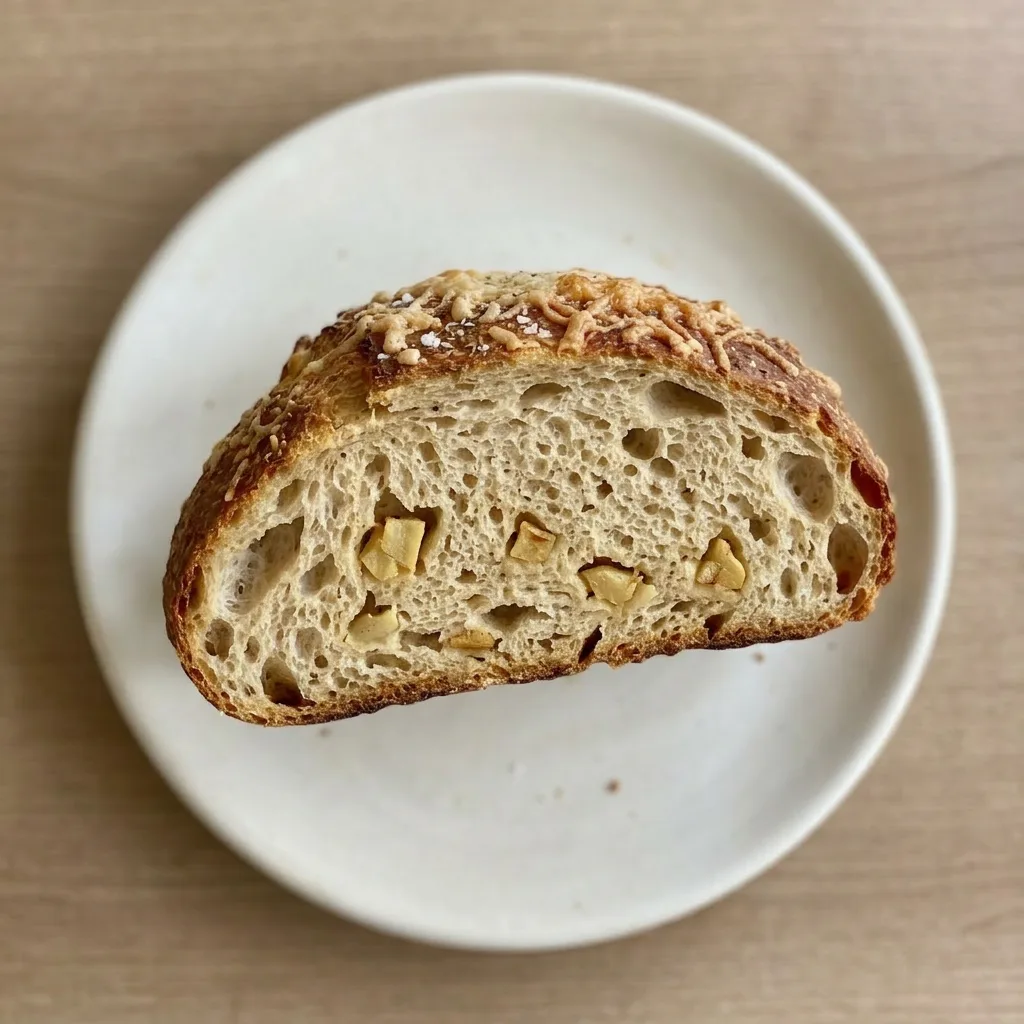 Ready to serve: a whole artisan bread loaf with a crisp crust, studded with roasted garlic and Parmesan cheese.