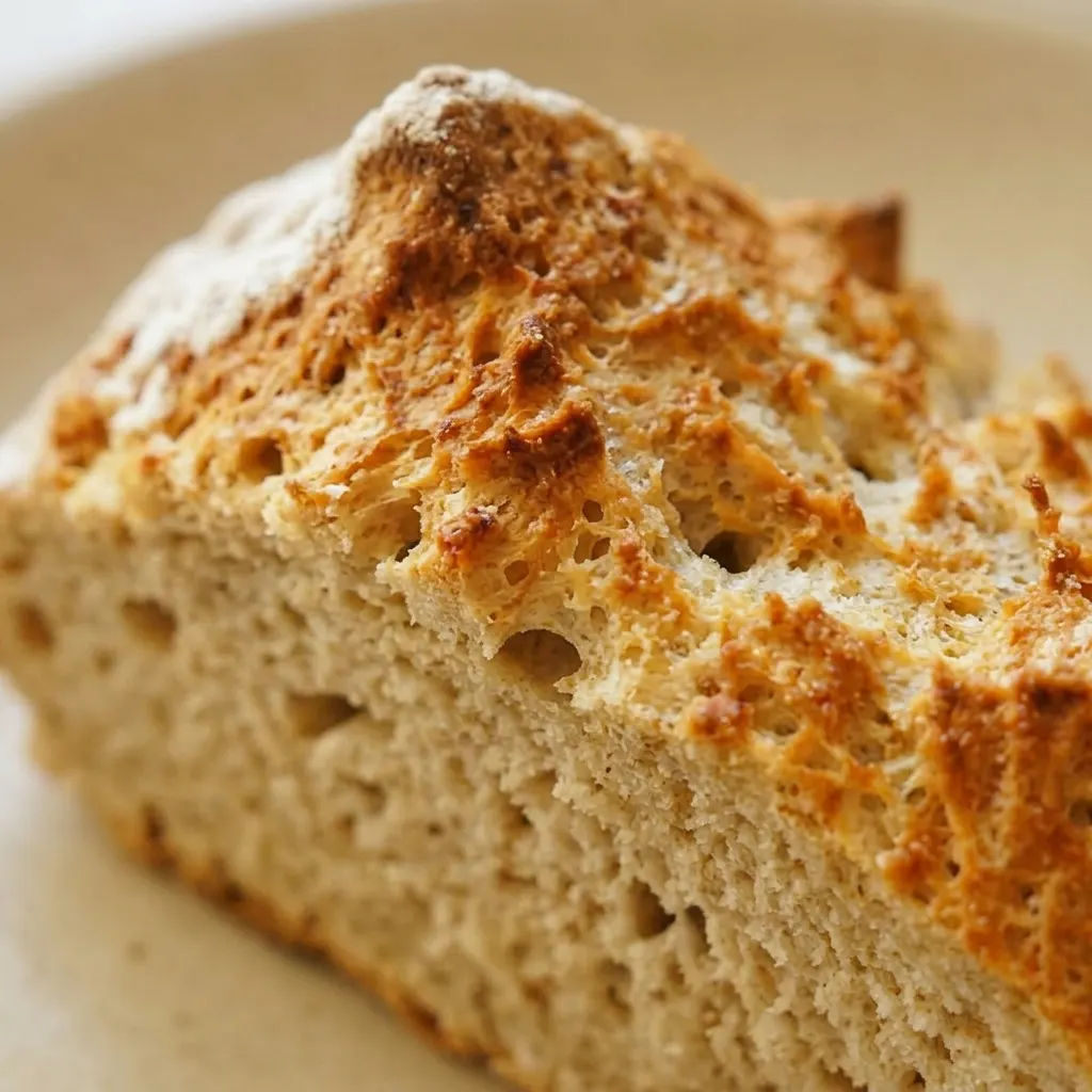 Close view of a soda bread slice showing a dense crumb with small air pockets and a crisp crust.