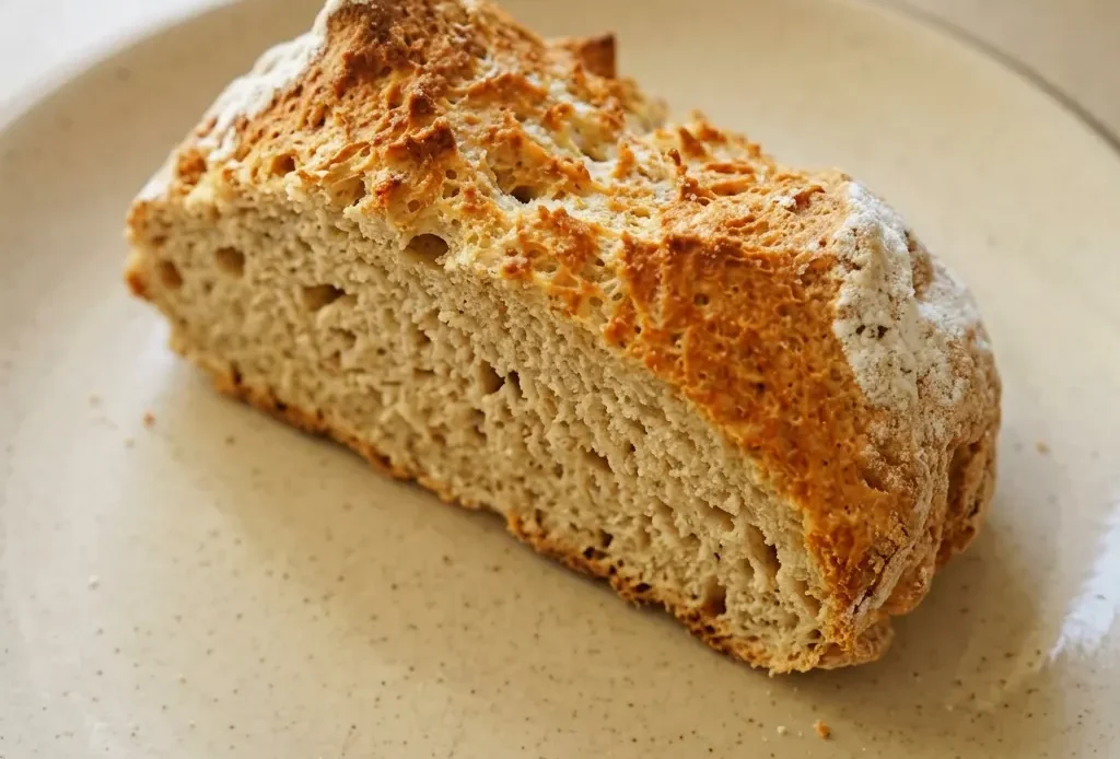Overhead shot of a round soda bread loaf with a cross cut on top, golden brown crust dotted with white and whole wheat flour specks.