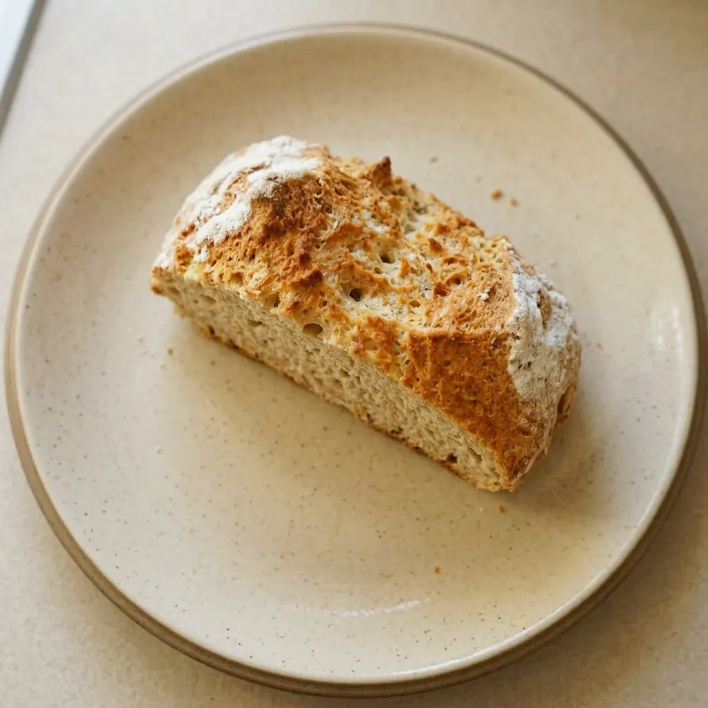 Plated soda bread wedge with a pat of butter melting into the warm, porous interior.