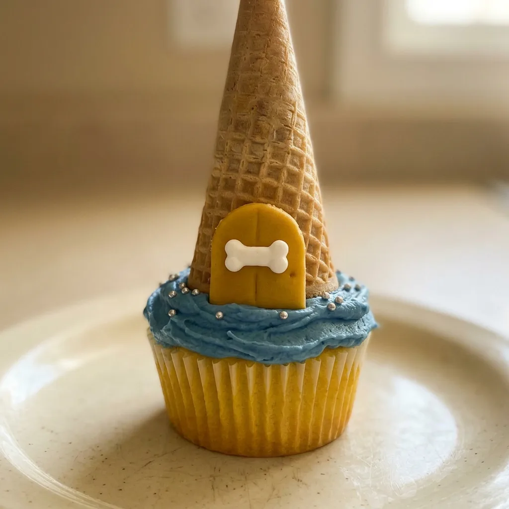 Macro detail of white frosting peaks with silver sprinkles, a sugar cone wrapped in gold fondant, and a dog bone candy on top.