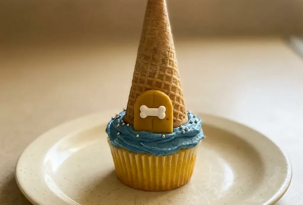 Top-down look at a frosted cupcake with a sugar cone turret topped with gold fondant and dog bone candy, silver sprinkles around.