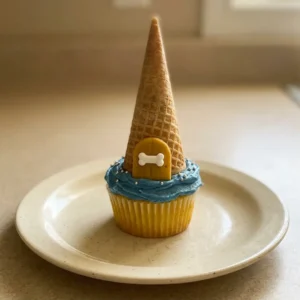 Top-down look at a frosted cupcake with a sugar cone turret topped with gold fondant and dog bone candy, silver sprinkles around.