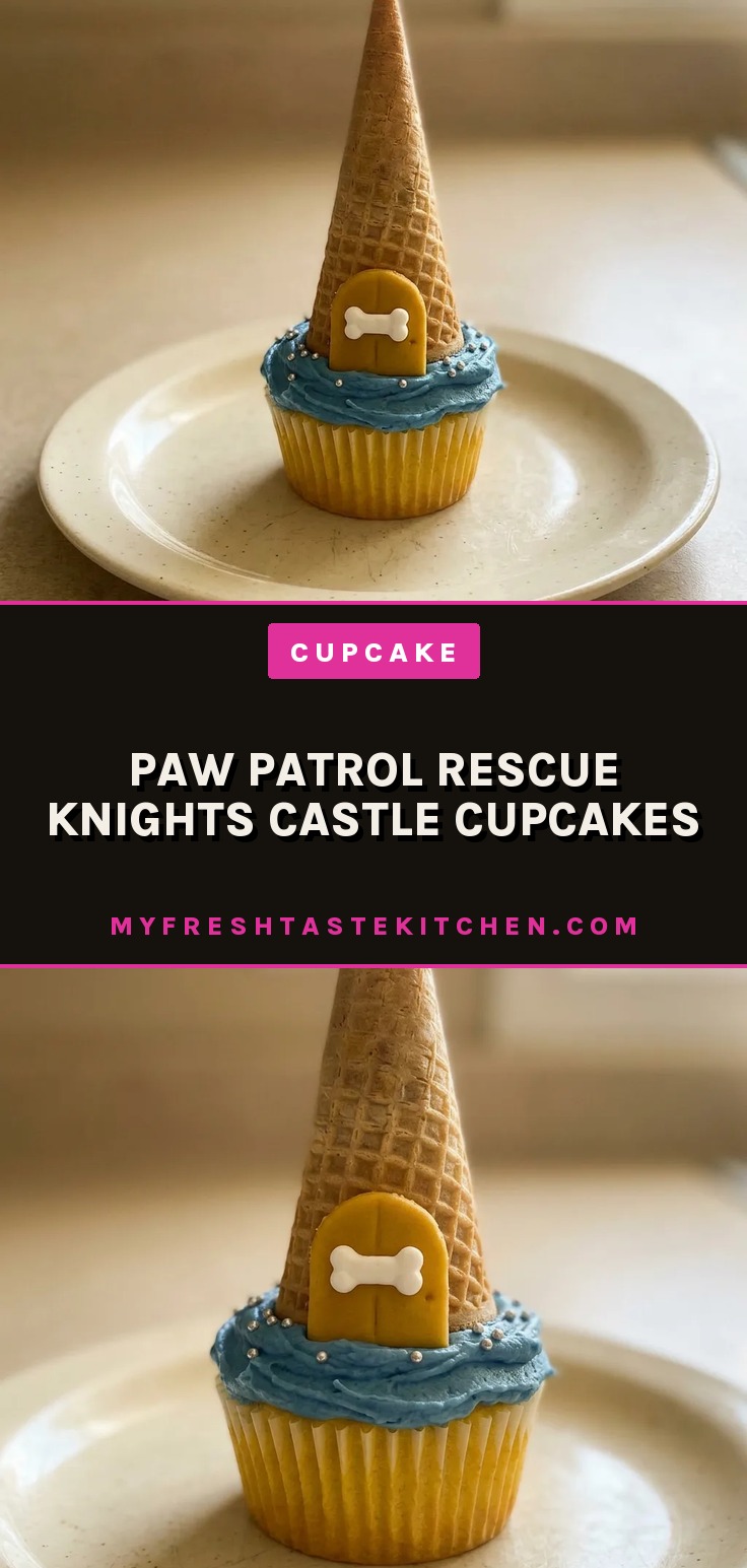Top-down look at a frosted cupcake with a sugar cone turret topped with gold fondant and dog bone candy, silver sprinkles around.