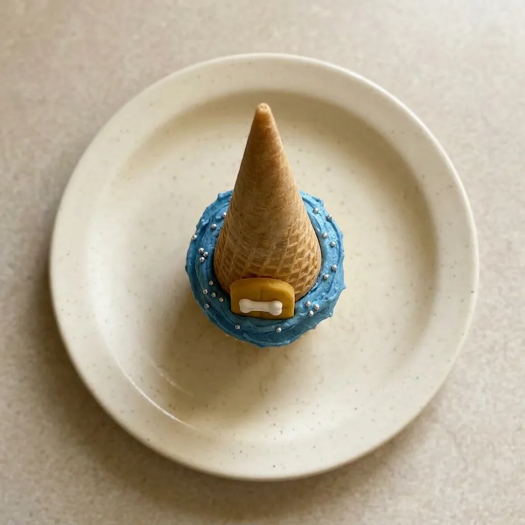 A serving of a castle-themed cupcake featuring a sugar cone tower, gold fondant accents, silver sprinkles, and a dog bone candy.