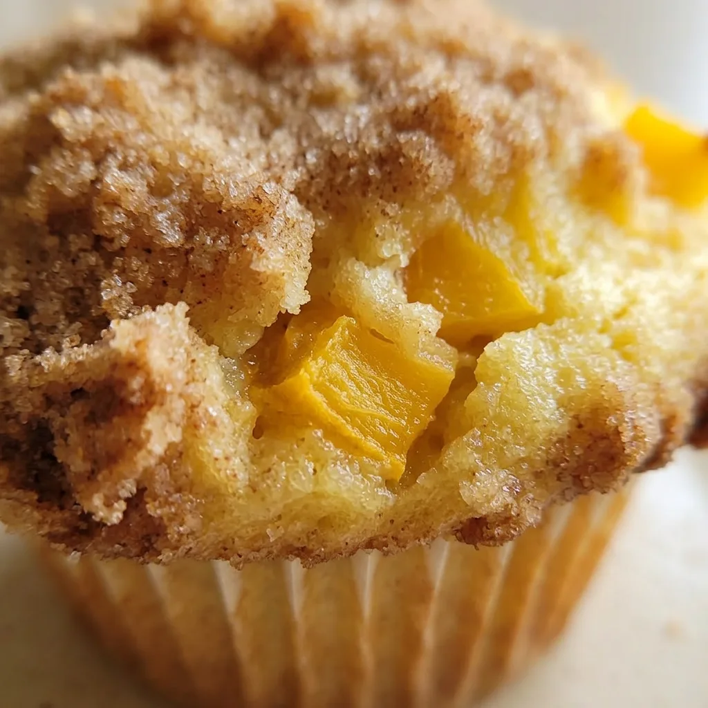 Zoomed in on a single peach cobbler muffin, showing a crumbly cinnamon-sugar topping and juicy peach chunks.