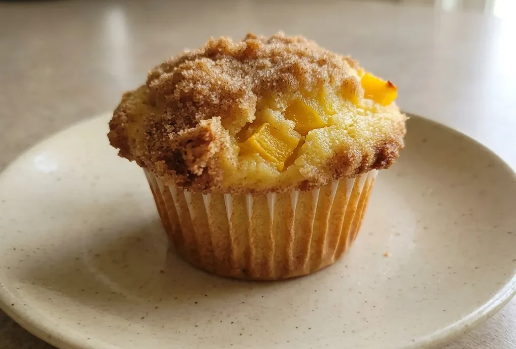 Bird's-eye view of two peach cobbler muffins on a white surface, each with a golden-brown crumb topping and visible peach pieces.
