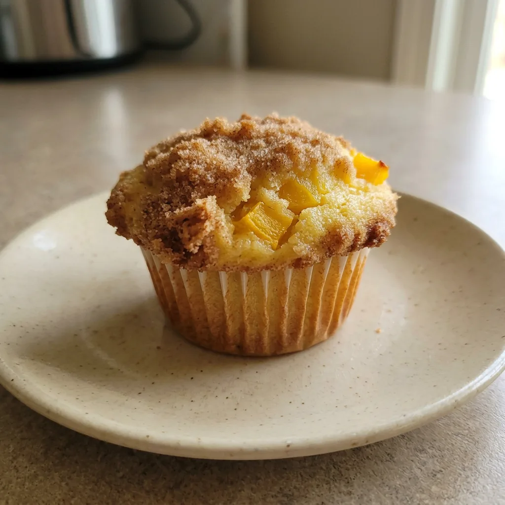 Bird's-eye view of two peach cobbler muffins on a white surface, each with a golden-brown crumb topping and visible peach pieces.