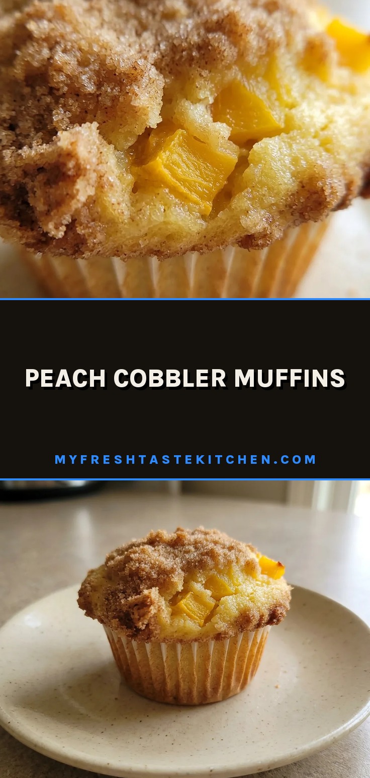Bird's-eye view of two peach cobbler muffins on a white surface, each with a golden-brown crumb topping and visible peach pieces.