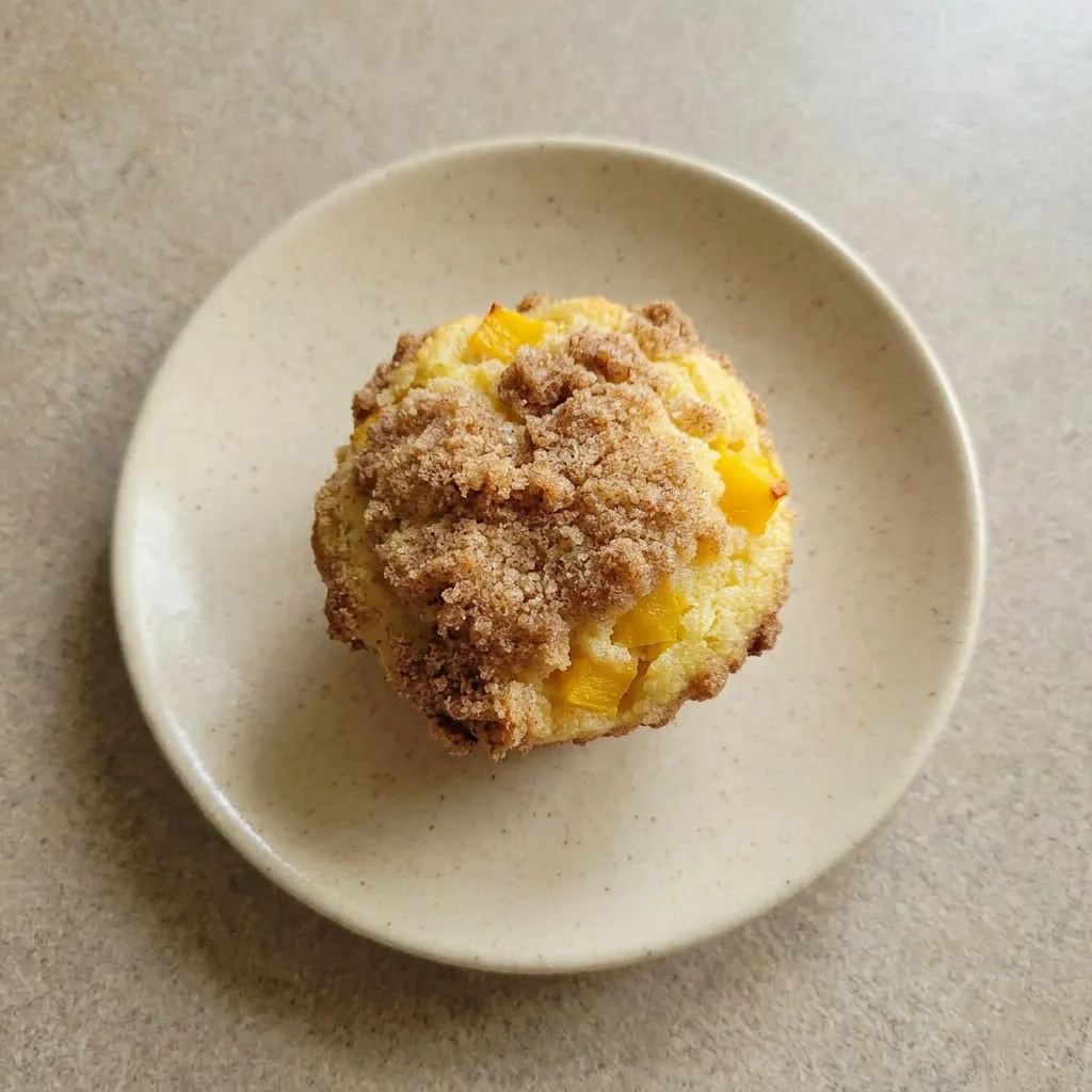 Ready to serve: a peach cobbler muffin with a buttery crumb topping and cinnamon-sugar glaze.
