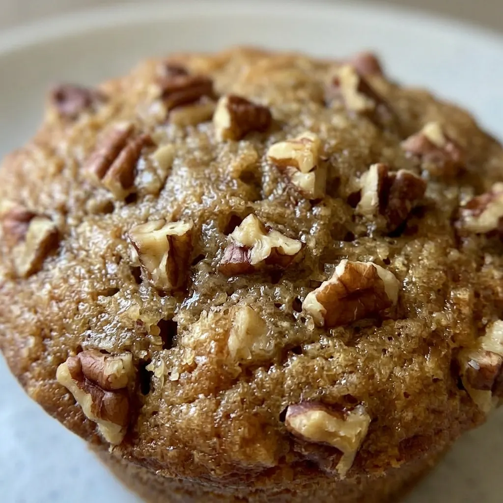 Up close, a pecan pie muffin with a caramelized brown sugar crust and whole pecans visible on top.