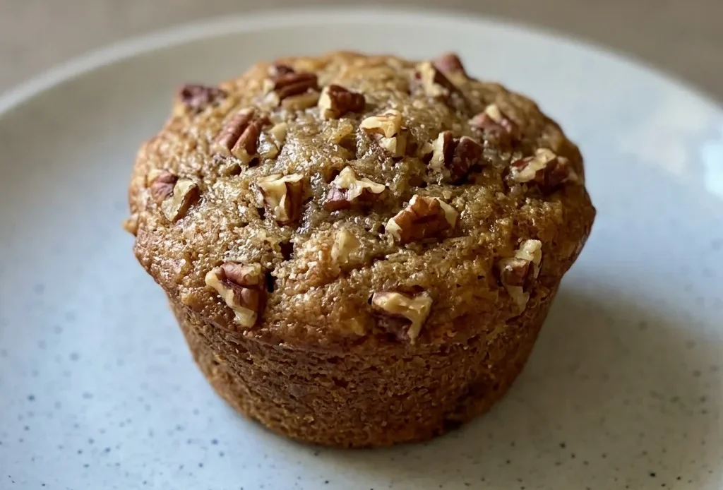 Looking down at a pecan pie muffin with a glossy brown top and pecan halves arranged in a circular pattern.