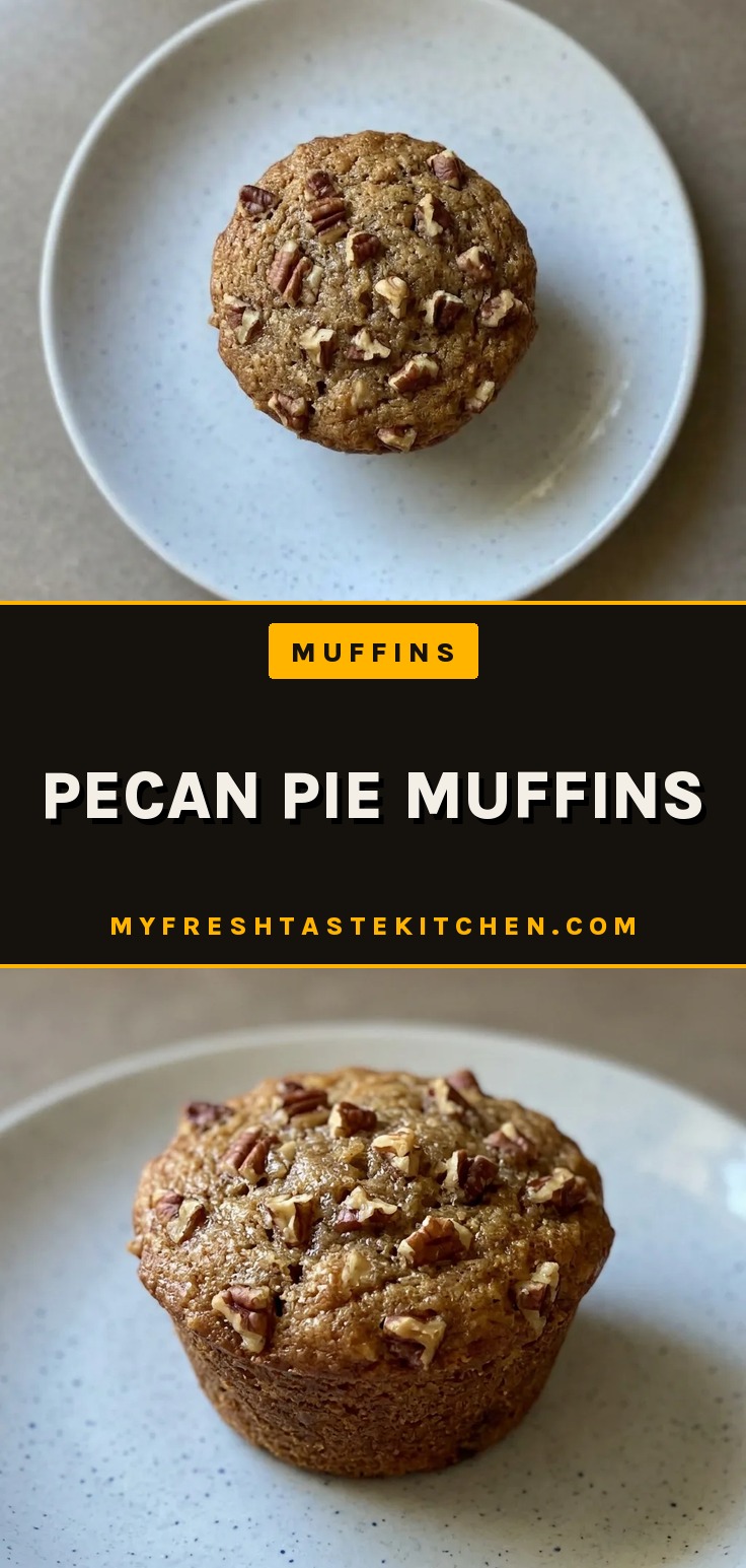 Looking down at a pecan pie muffin with a glossy brown top and pecan halves arranged in a circular pattern.