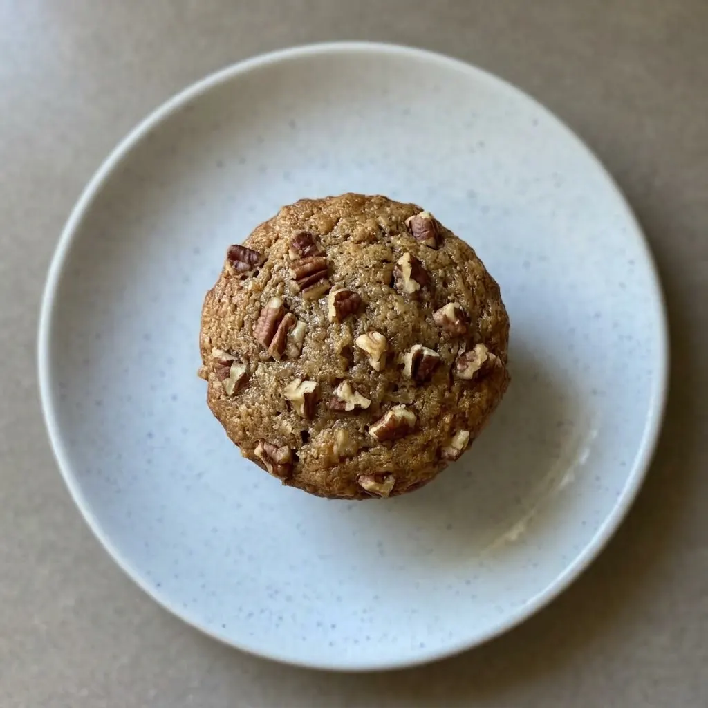 A plate of pecan pie muffins with golden-brown tops and pecan pieces scattered across the surface.