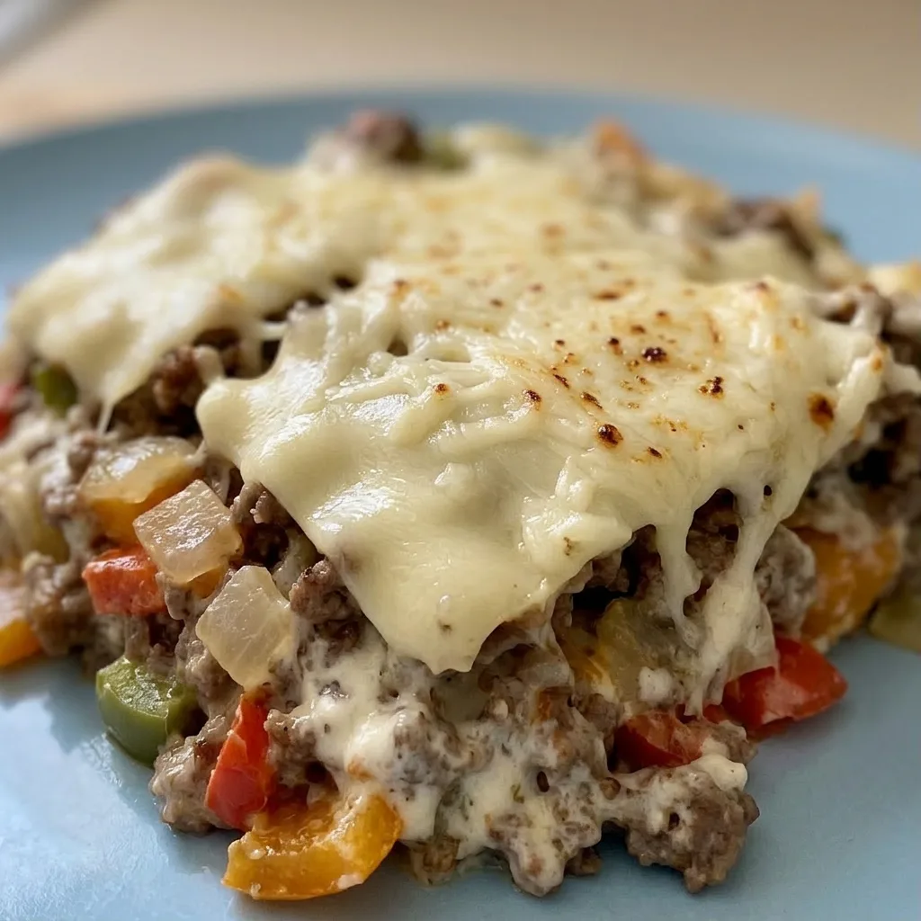 Up close, a fork lifts a cheesy bite of ground beef, onions, bell peppers, and cream cheese, with provolone and mozzarella melted on top.