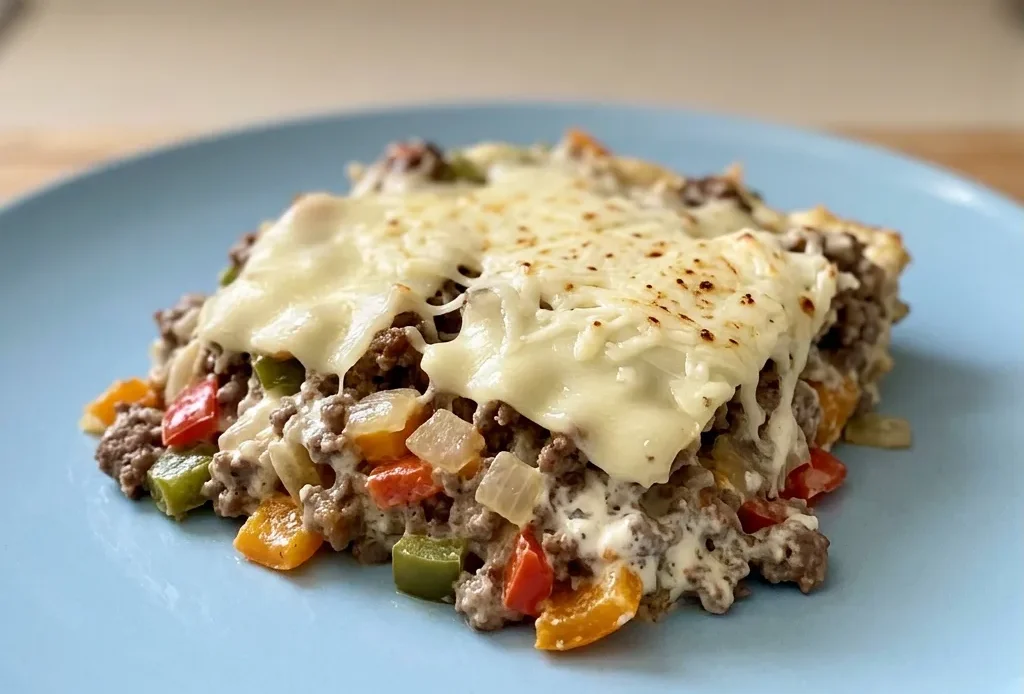 Looking down at a casserole with ground beef, onions, bell peppers, and melted provolone and mozzarella cheese.