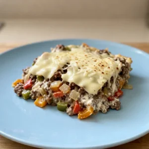Looking down at a casserole with ground beef, onions, bell peppers, and melted provolone and mozzarella cheese.