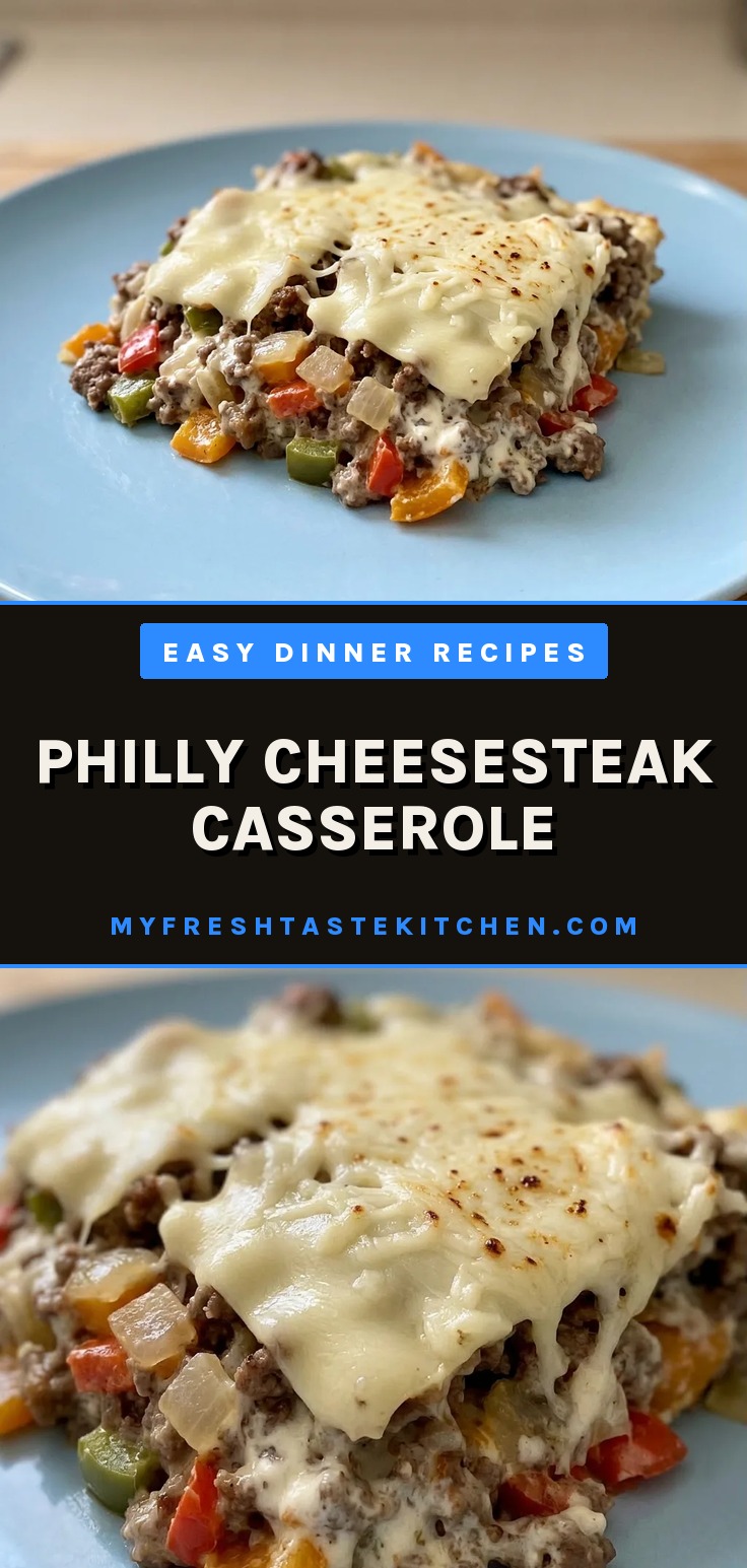 Looking down at a casserole with ground beef, onions, bell peppers, and melted provolone and mozzarella cheese.