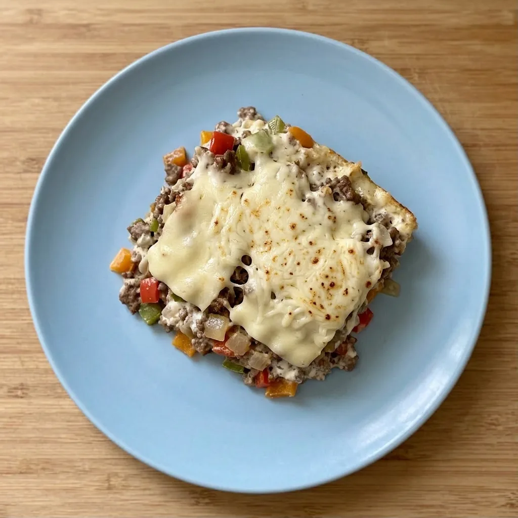 A plate of Philly cheesesteak casserole with ground beef, onions, bell peppers, and a blend of provolone and mozzarella cheese.