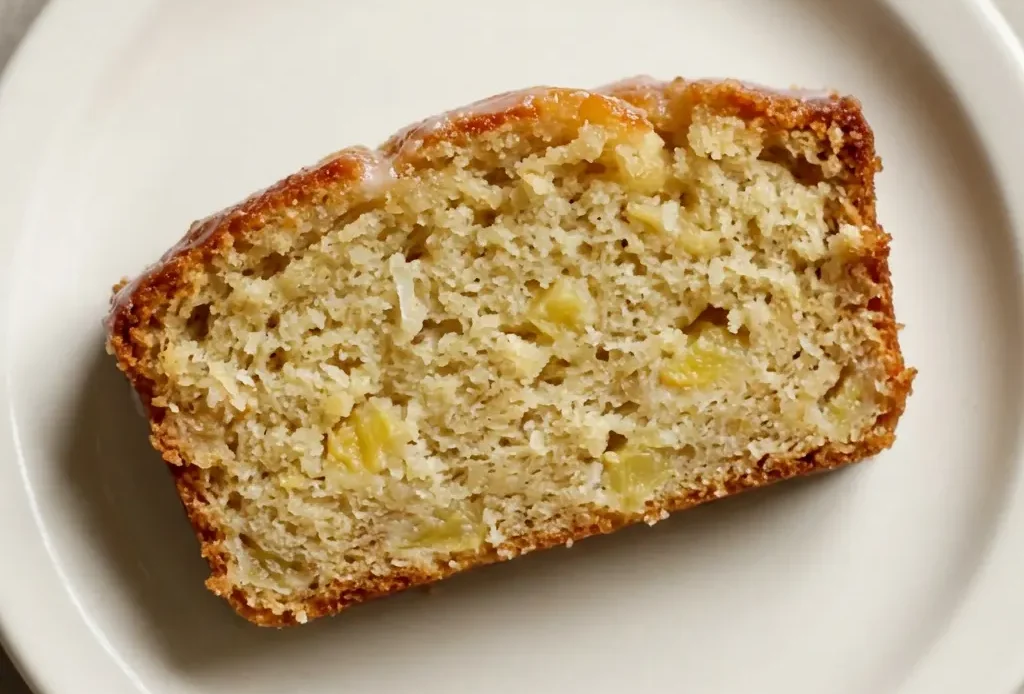 Top-down look at a round pineapple bread slice with golden crust and a few pineapple chunks on top.
