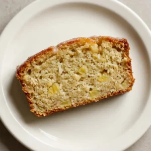 Top-down look at a round pineapple bread slice with golden crust and a few pineapple chunks on top.